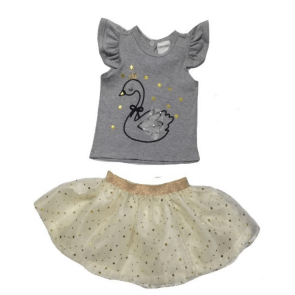 Set Of Swan Printed Shirt And Organza Skirt For Girls